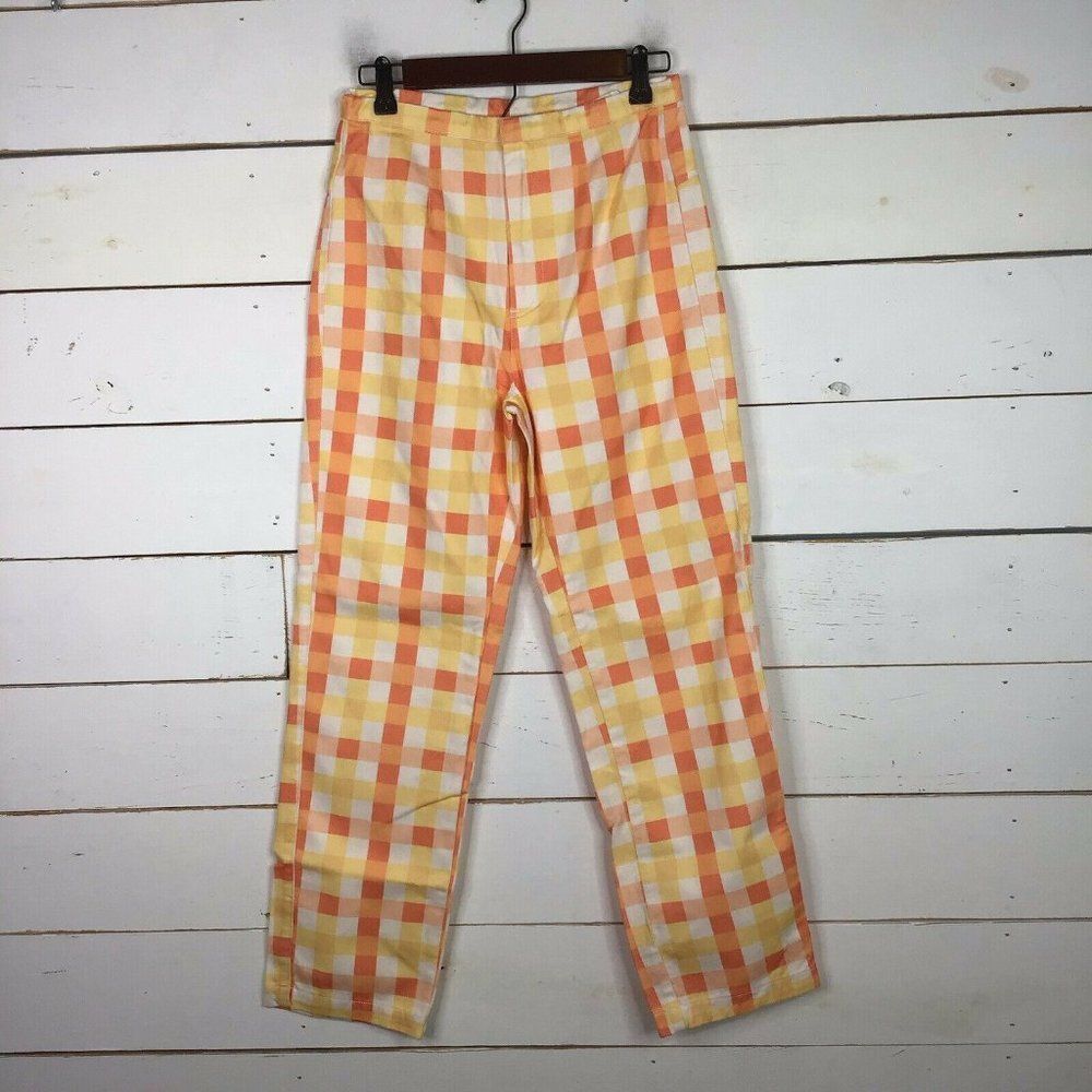 New Free People Shes All That Plaid Pant Cotton Orange Multi Women's 4